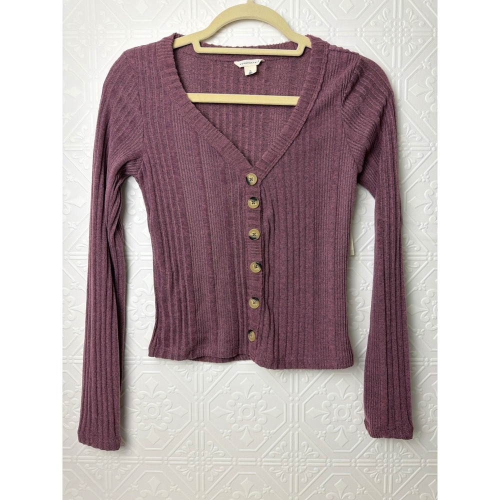Aeropostale Womens Henley Top Cropped Mauve Ribbed NWT Stetch Y2K Soft Girl